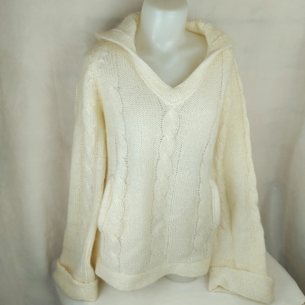Vintage wool mohair fuzzy cable knit hooded sweater kimono sleeve Size Medium - Picture 9 of 13
